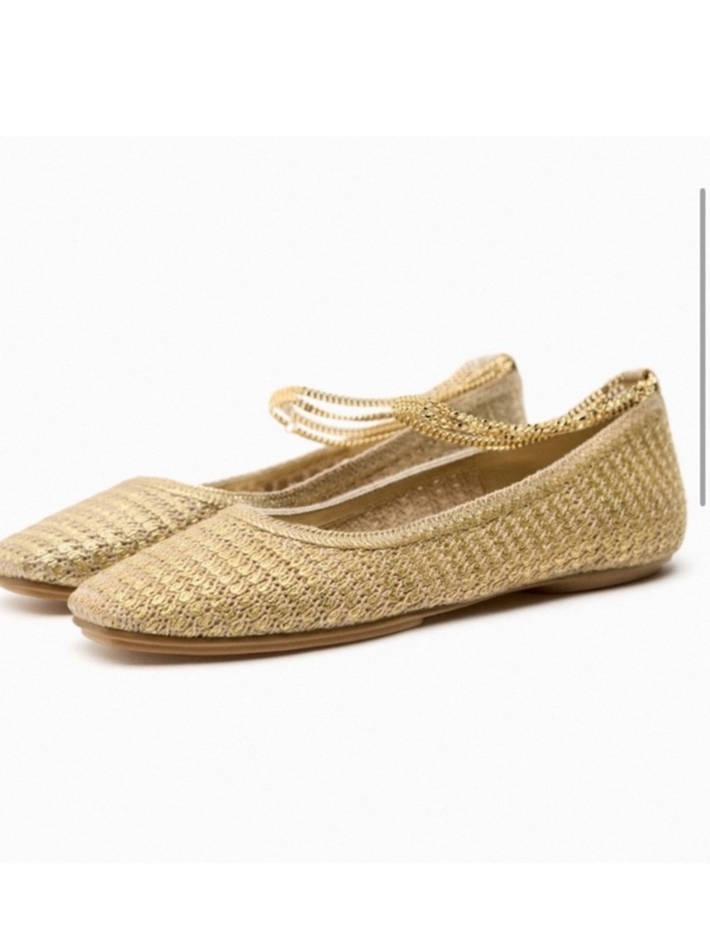 Zara beige woven ballet flats with gold ankle chain
